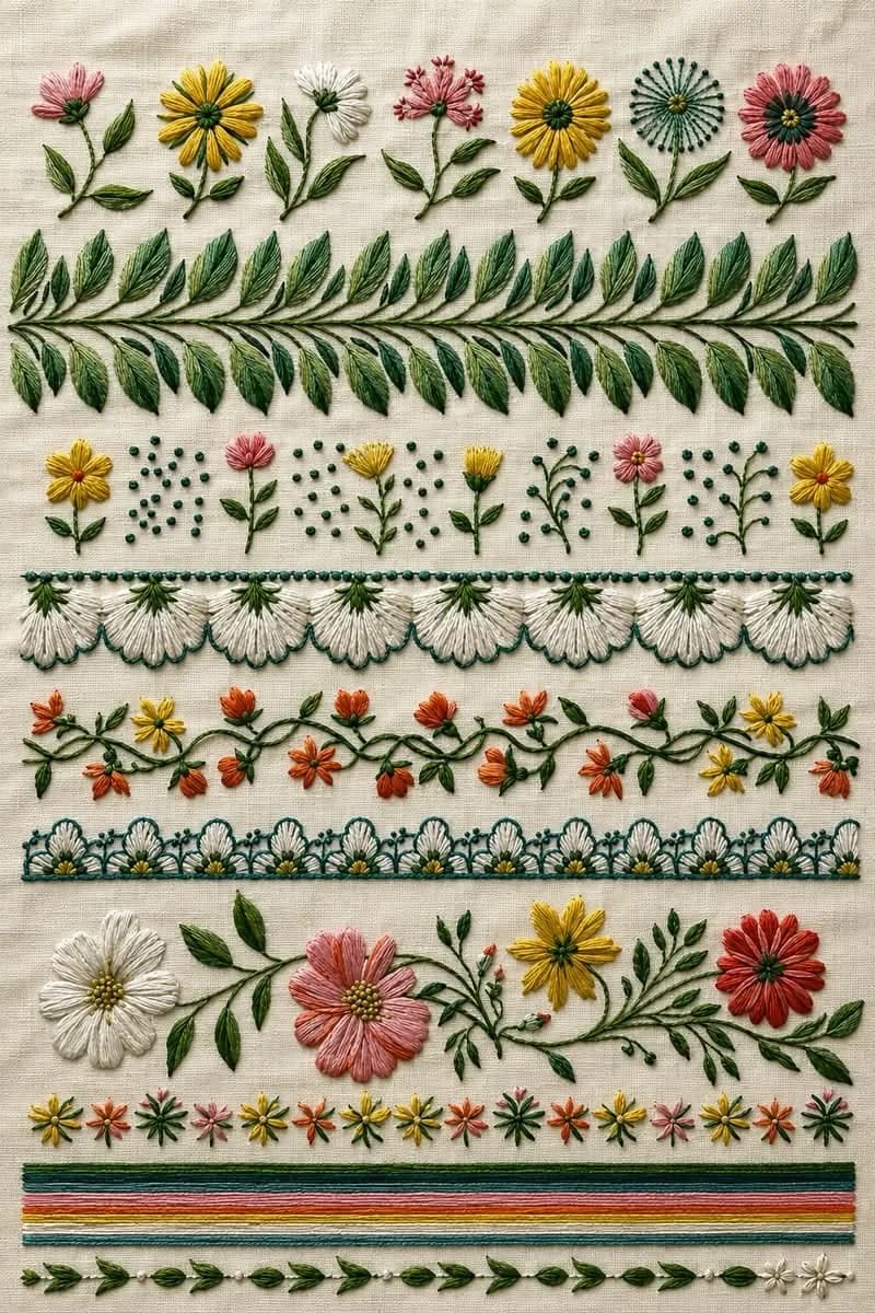 Full floral embroidery sampler with stitched flowers, leaves and borders