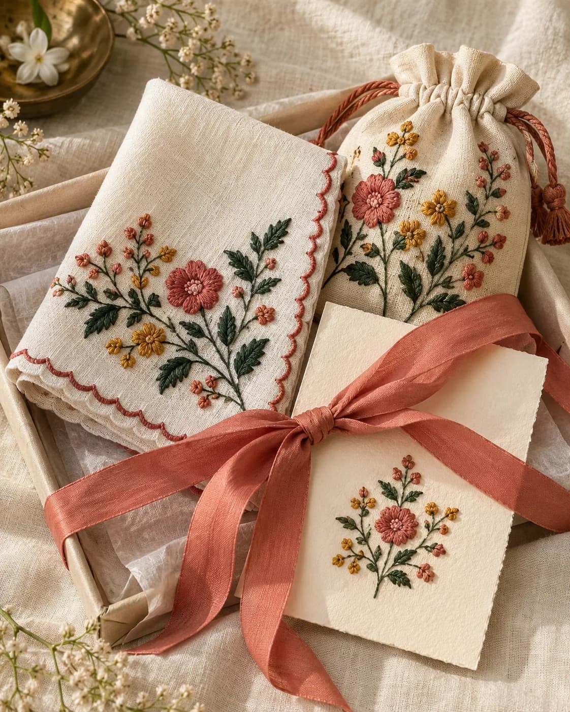 Embroidered gift set with pouch and handkerchief