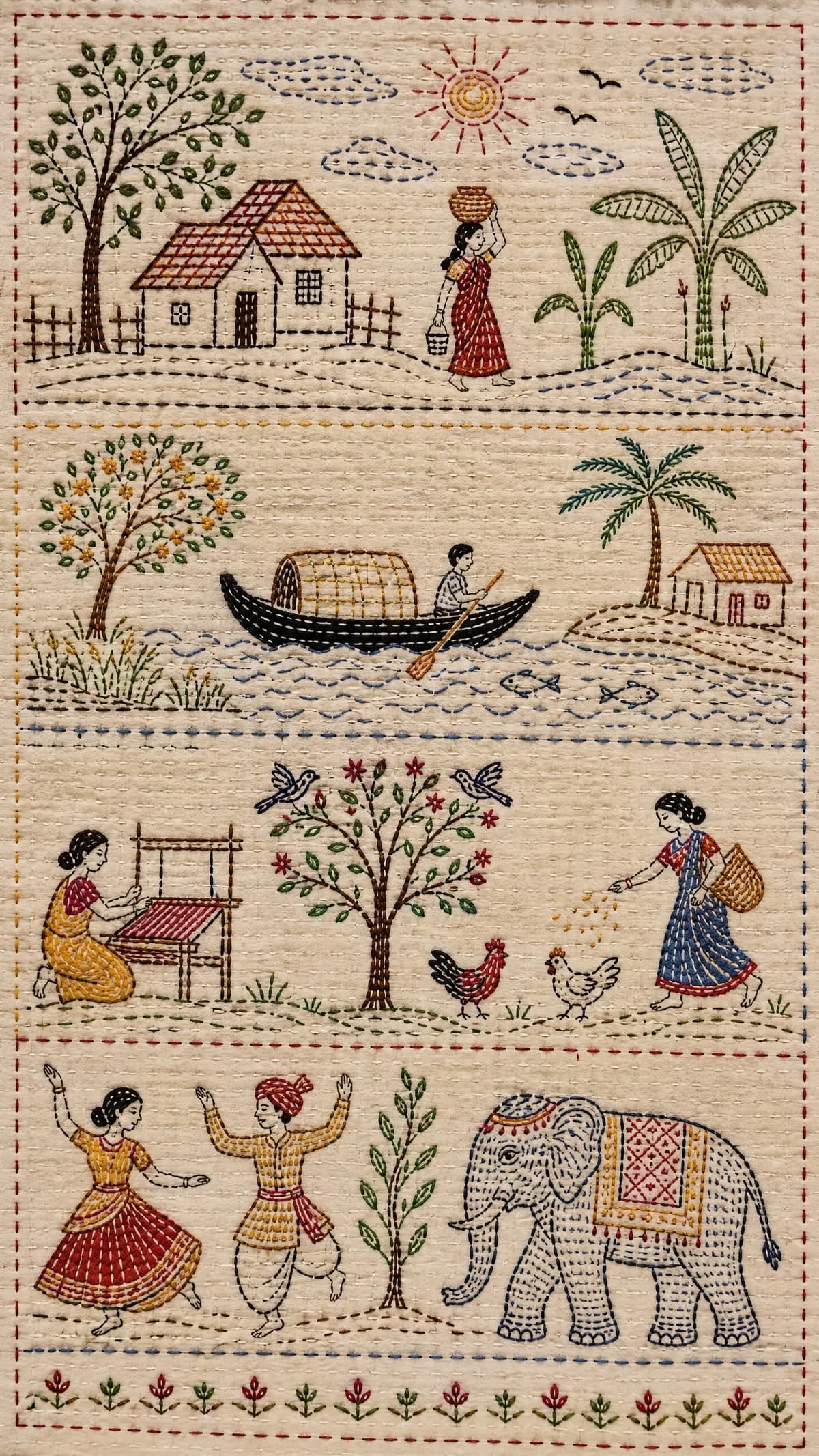 Hand embroidered stories on natural cloth